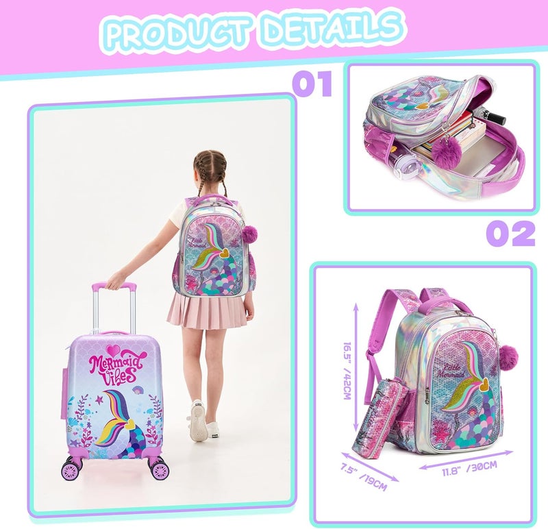 Inprof Cute Pink Mermaid Kid’s Luggage Set 5 Piece Suitcase Set 16’’ Hardside Luggage with Spinner Wheels Girls Boys Carry on Toddler Luggage Travel Rolling Luggage Carry on Luggage Airline Approved - Image 3
